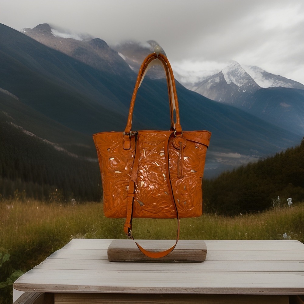 Patricia Nash Tooled Leather Cutout Adeline Tote Shoulder/ crossbody‎ Bag Camel